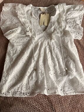 Nicole Miller White Eyelet Cotton Blouse with Tassels